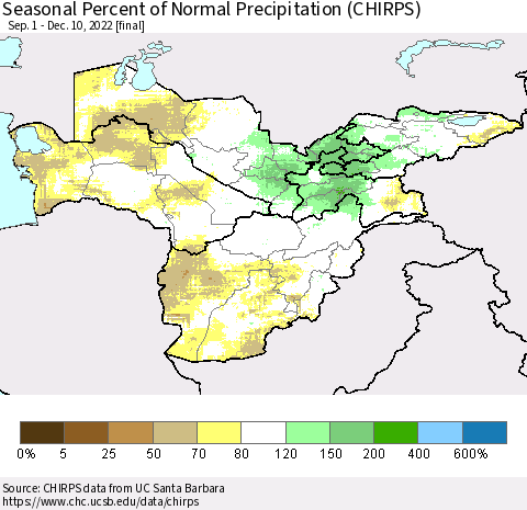 Central Asia Seasonal Percent of Normal Precipitation (CHIRPS) Thematic Map For 9/1/2022 - 12/10/2022