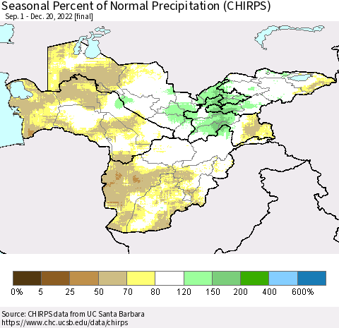 Central Asia Seasonal Percent of Normal Precipitation (CHIRPS) Thematic Map For 9/1/2022 - 12/20/2022
