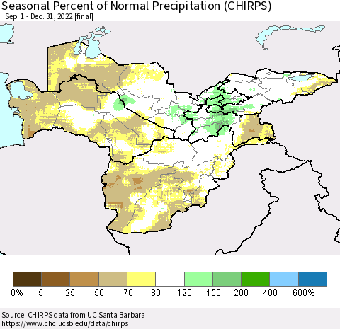 Central Asia Seasonal Percent of Normal Precipitation (CHIRPS) Thematic Map For 9/1/2022 - 12/31/2022