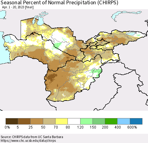 Central Asia Seasonal Percent of Normal Precipitation (CHIRPS) Thematic Map For 4/1/2023 - 4/20/2023