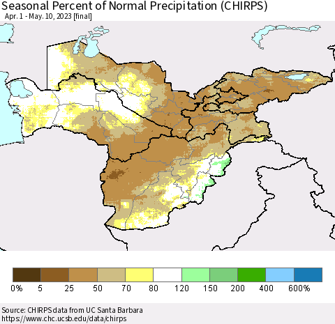 Central Asia Seasonal Percent of Normal Precipitation (CHIRPS) Thematic Map For 4/1/2023 - 5/10/2023