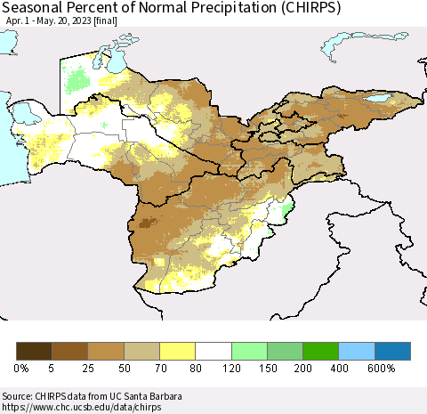 Central Asia Seasonal Percent of Normal Precipitation (CHIRPS) Thematic Map For 4/1/2023 - 5/20/2023