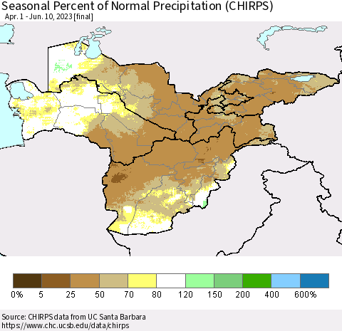 Central Asia Seasonal Percent of Normal Precipitation (CHIRPS) Thematic Map For 4/1/2023 - 6/10/2023