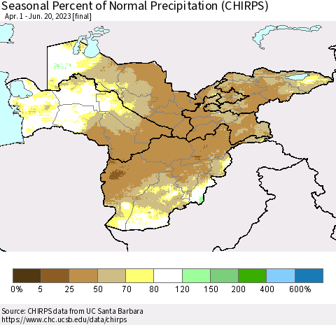 Central Asia Seasonal Percent of Normal Precipitation (CHIRPS) Thematic Map For 4/1/2023 - 6/20/2023