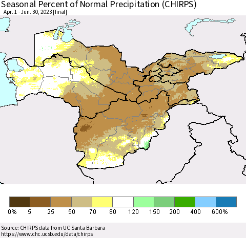 Central Asia Seasonal Percent of Normal Precipitation (CHIRPS) Thematic Map For 4/1/2023 - 6/30/2023