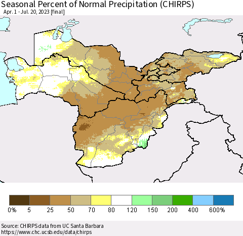 Central Asia Seasonal Percent of Normal Precipitation (CHIRPS) Thematic Map For 4/1/2023 - 7/20/2023