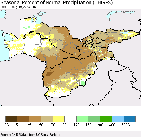 Central Asia Seasonal Percent of Normal Precipitation (CHIRPS) Thematic Map For 4/1/2023 - 8/10/2023