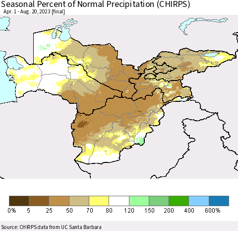 Central Asia Seasonal Percent of Normal Precipitation (CHIRPS) Thematic Map For 4/1/2023 - 8/20/2023