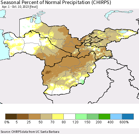Central Asia Seasonal Percent of Normal Precipitation (CHIRPS) Thematic Map For 4/1/2023 - 10/10/2023