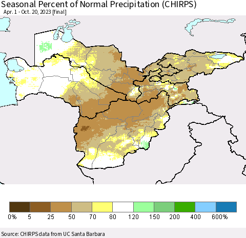 Central Asia Seasonal Percent of Normal Precipitation (CHIRPS) Thematic Map For 4/1/2023 - 10/20/2023