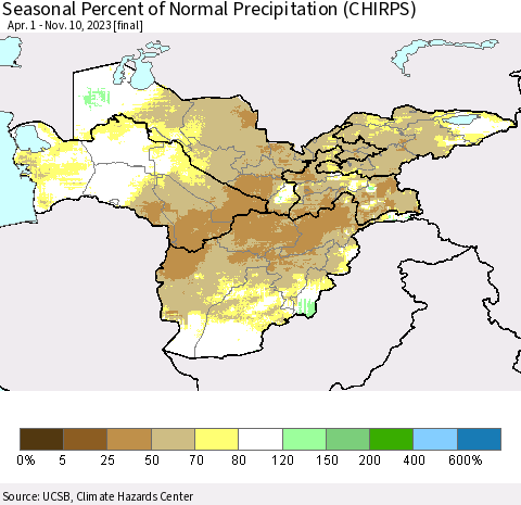 Central Asia Seasonal Percent of Normal Precipitation (CHIRPS) Thematic Map For 4/1/2023 - 11/10/2023