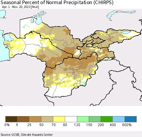 Central Asia Seasonal Percent of Normal Precipitation (CHIRPS) Thematic Map For 4/1/2023 - 11/20/2023