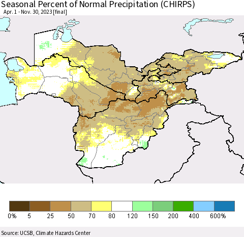 Central Asia Seasonal Percent of Normal Precipitation (CHIRPS) Thematic Map For 4/1/2023 - 11/30/2023