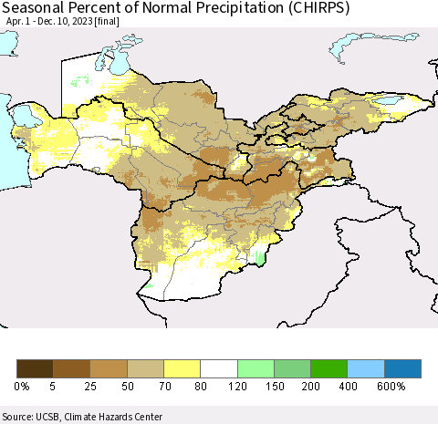 Central Asia Seasonal Percent of Normal Precipitation (CHIRPS) Thematic Map For 4/1/2023 - 12/10/2023
