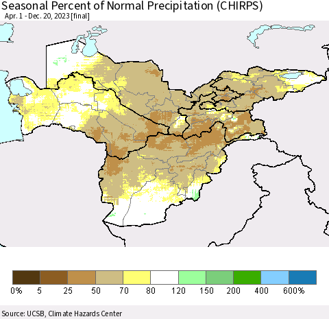 Central Asia Seasonal Percent of Normal Precipitation (CHIRPS) Thematic Map For 4/1/2023 - 12/20/2023