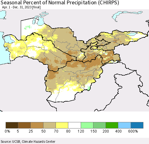 Central Asia Seasonal Percent of Normal Precipitation (CHIRPS) Thematic Map For 4/1/2023 - 12/31/2023