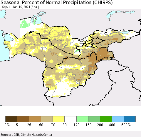 Central Asia Seasonal Percent of Normal Precipitation (CHIRPS) Thematic Map For 9/1/2023 - 1/10/2024