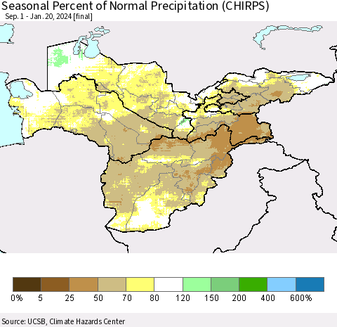 Central Asia Seasonal Percent of Normal Precipitation (CHIRPS) Thematic Map For 9/1/2023 - 1/20/2024