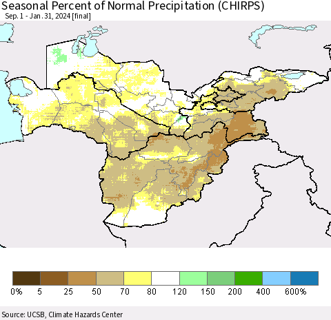 Central Asia Seasonal Percent of Normal Precipitation (CHIRPS) Thematic Map For 9/1/2023 - 1/31/2024