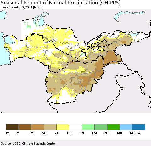 Central Asia Seasonal Percent of Normal Precipitation (CHIRPS) Thematic Map For 9/1/2023 - 2/10/2024