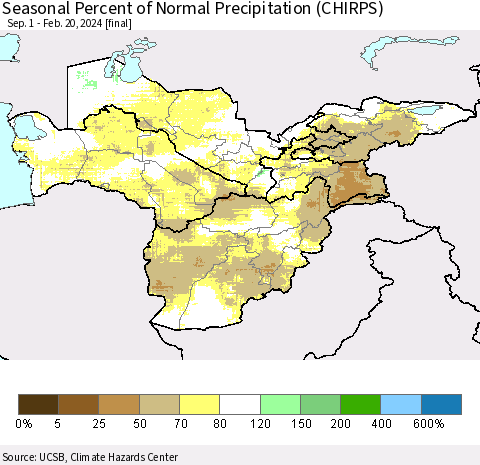 Central Asia Seasonal Percent of Normal Precipitation (CHIRPS) Thematic Map For 9/1/2023 - 2/20/2024