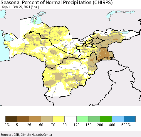 Central Asia Seasonal Percent of Normal Precipitation (CHIRPS) Thematic Map For 9/1/2023 - 2/29/2024