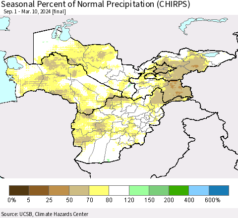 Central Asia Seasonal Percent of Normal Precipitation (CHIRPS) Thematic Map For 9/1/2023 - 3/10/2024