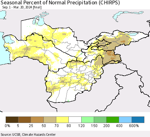Central Asia Seasonal Percent of Normal Precipitation (CHIRPS) Thematic Map For 9/1/2023 - 3/20/2024