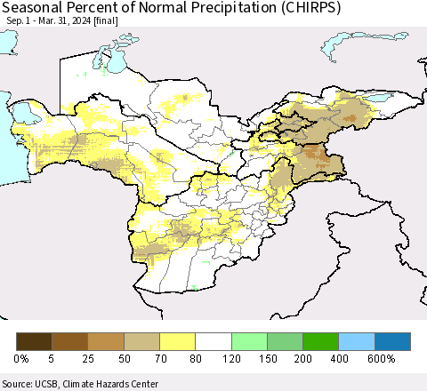 Central Asia Seasonal Percent of Normal Precipitation (CHIRPS) Thematic Map For 9/1/2023 - 3/31/2024
