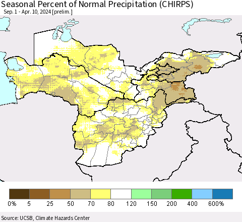 Central Asia Seasonal Percent of Normal Precipitation (CHIRPS) Thematic Map For 9/1/2023 - 4/10/2024