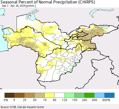 Central Asia Seasonal Percent of Normal Precipitation (CHIRPS) Thematic Map For 9/1/2023 - 4/20/2024