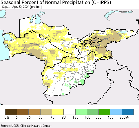 Central Asia Seasonal Percent of Normal Precipitation (CHIRPS) Thematic Map For 9/1/2023 - 4/30/2024