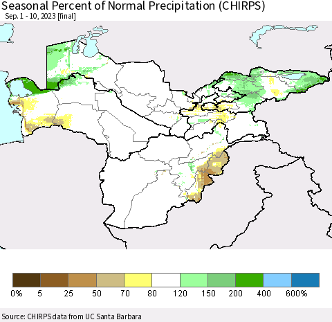 Central Asia Seasonal Percent of Normal Precipitation (CHIRPS) Thematic Map For 9/1/2023 - 9/10/2023