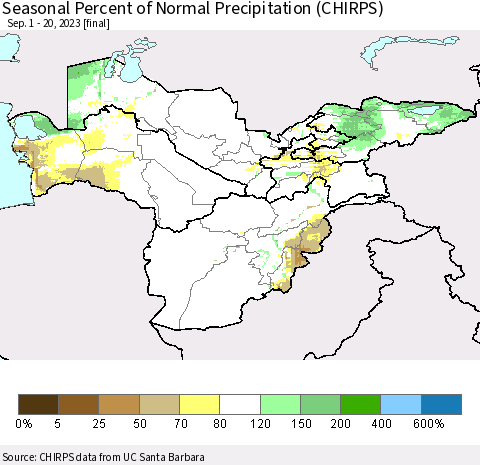 Central Asia Seasonal Percent of Normal Precipitation (CHIRPS) Thematic Map For 9/1/2023 - 9/20/2023