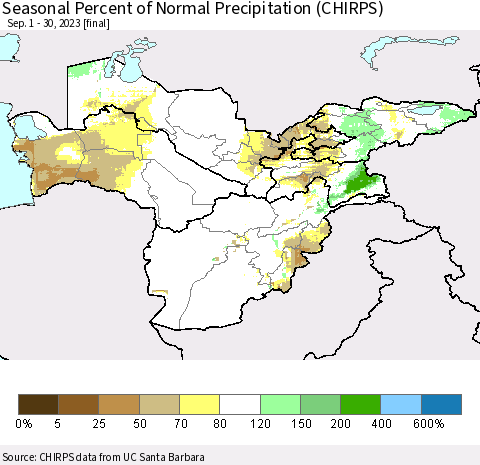 Central Asia Seasonal Percent of Normal Precipitation (CHIRPS) Thematic Map For 9/1/2023 - 9/30/2023