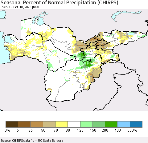 Central Asia Seasonal Percent of Normal Precipitation (CHIRPS) Thematic Map For 9/1/2023 - 10/10/2023
