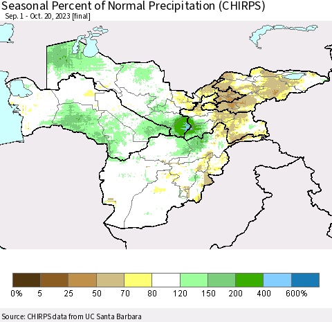 Central Asia Seasonal Percent of Normal Precipitation (CHIRPS) Thematic Map For 9/1/2023 - 10/20/2023