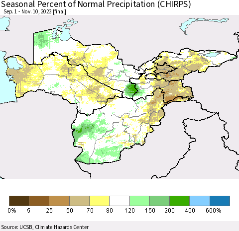 Central Asia Seasonal Percent of Normal Precipitation (CHIRPS) Thematic Map For 9/1/2023 - 11/10/2023