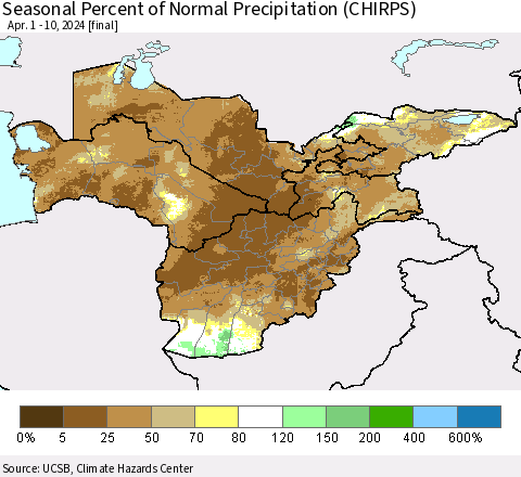 Central Asia Seasonal Percent of Normal Precipitation (CHIRPS) Thematic Map For 4/1/2024 - 4/10/2024