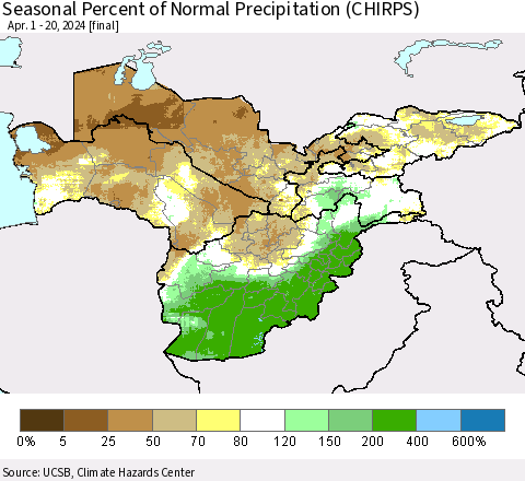 Central Asia Seasonal Percent of Normal Precipitation (CHIRPS) Thematic Map For 4/1/2024 - 4/20/2024