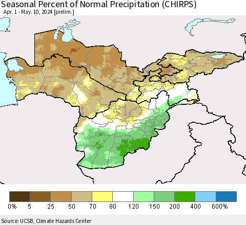 Central Asia Seasonal Percent of Normal Precipitation (CHIRPS) Thematic Map For 4/1/2024 - 5/10/2024