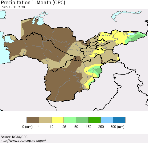 Central Asia Precipitation 1-Month (CPC) Thematic Map For 9/1/2020 - 9/30/2020
