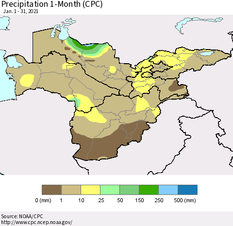 Central Asia Precipitation 1-Month (CPC) Thematic Map For 1/1/2021 - 1/31/2021
