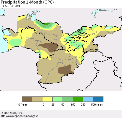 Central Asia Precipitation 1-Month (CPC) Thematic Map For 2/1/2021 - 2/28/2021
