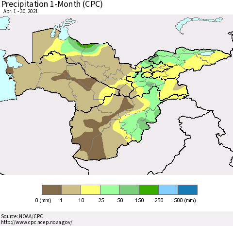 Central Asia Precipitation 1-Month (CPC) Thematic Map For 4/1/2021 - 4/30/2021