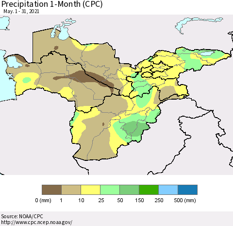 Central Asia Precipitation 1-Month (CPC) Thematic Map For 5/1/2021 - 5/31/2021