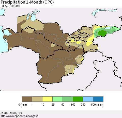 Central Asia Precipitation 1-Month (CPC) Thematic Map For 6/1/2021 - 6/30/2021