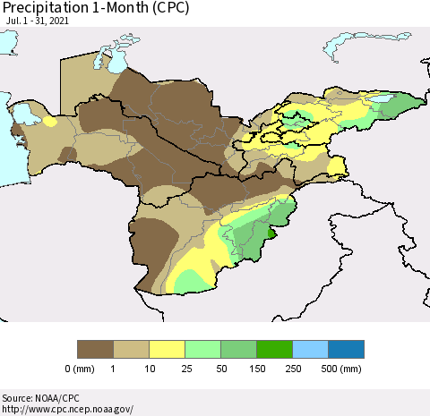 Central Asia Precipitation 1-Month (CPC) Thematic Map For 7/1/2021 - 7/31/2021