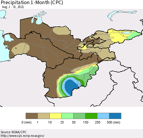 Central Asia Precipitation 1-Month (CPC) Thematic Map For 8/1/2021 - 8/31/2021