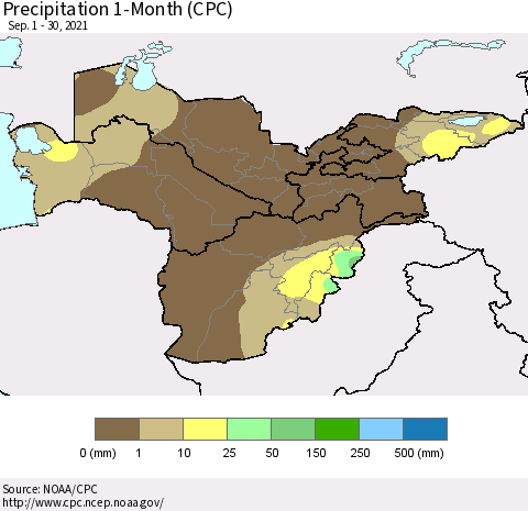 Central Asia Precipitation 1-Month (CPC) Thematic Map For 9/1/2021 - 9/30/2021